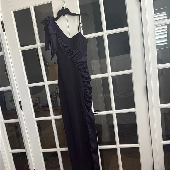 Faviana Blue One Shoulder bow Ruffled Gown - Picture 2 of 4